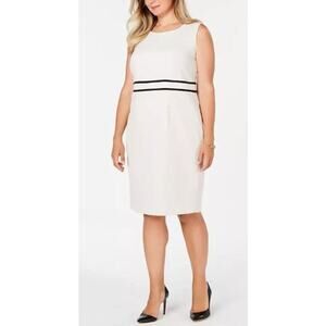 Kasper Plus 22W Pencil Sheath Dress White Parchment Black Hourglass Sleeveless